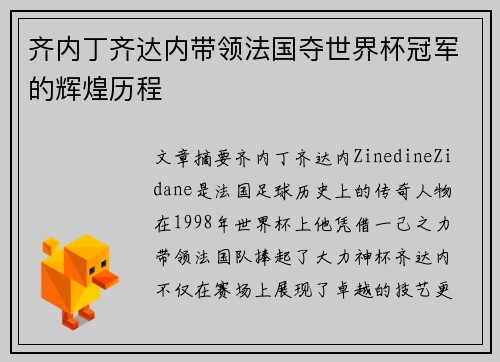 齐内丁齐达内带领法国夺世界杯冠军的辉煌历程